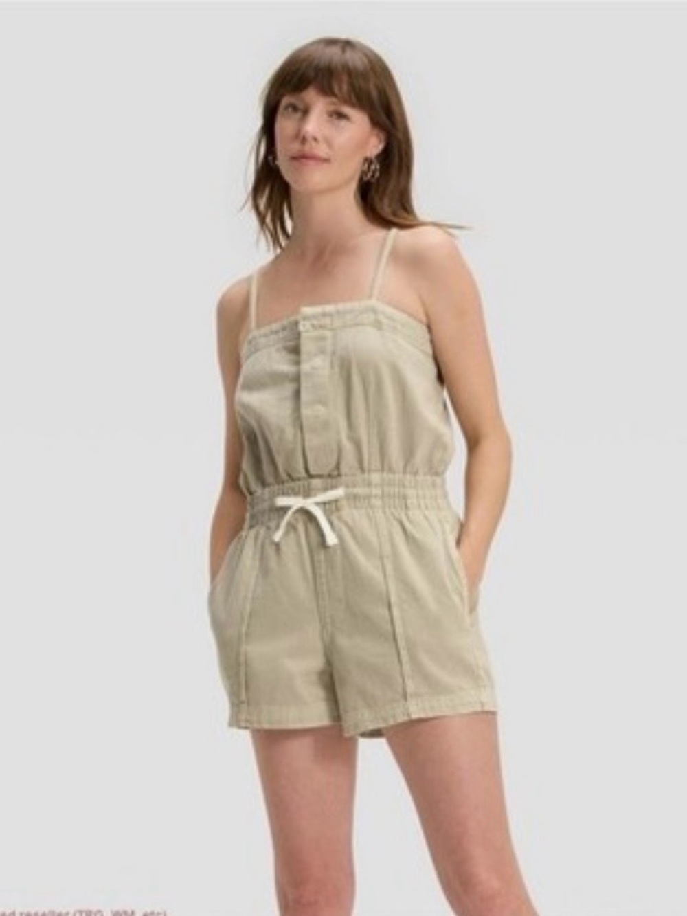 Universal Thread Khaki Green Drawstring Romper with Spaghetti Straps